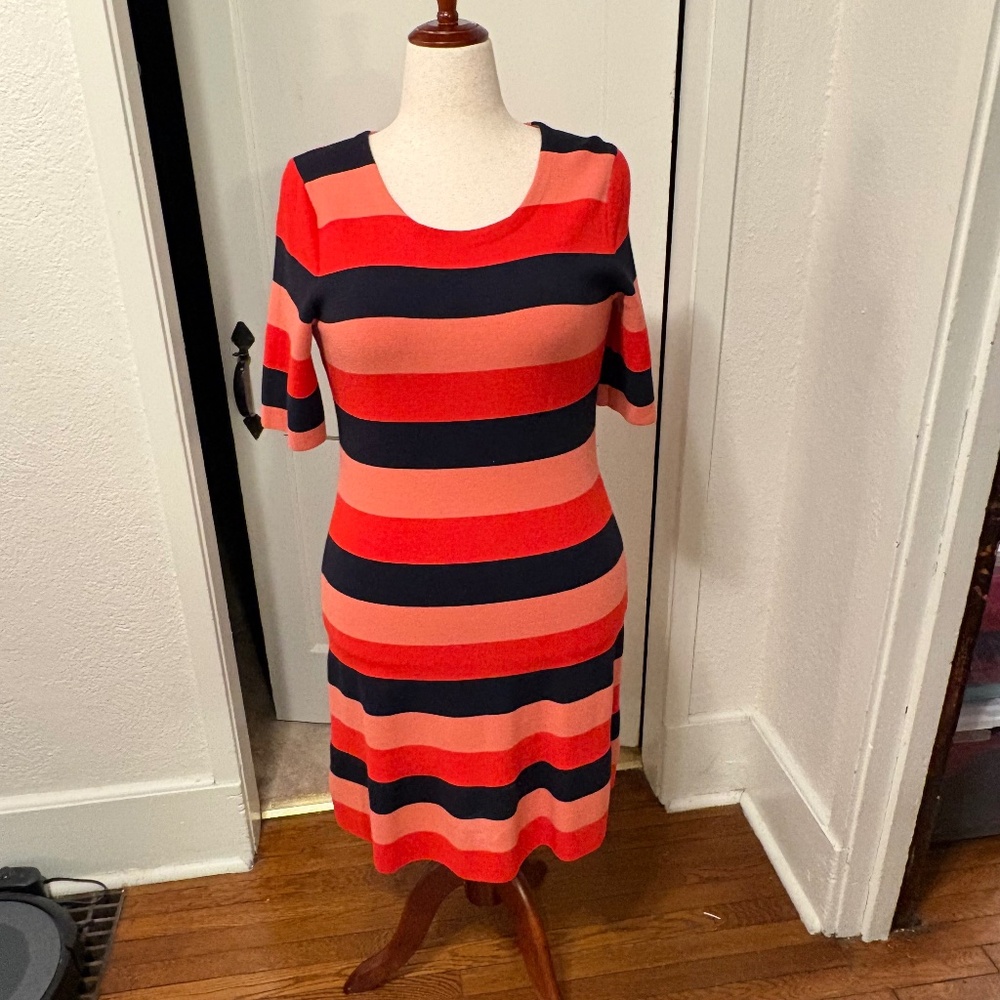 ANN TAYLOR Orange, Peach and Black Striped Knit Crewneck Dress, Sz M